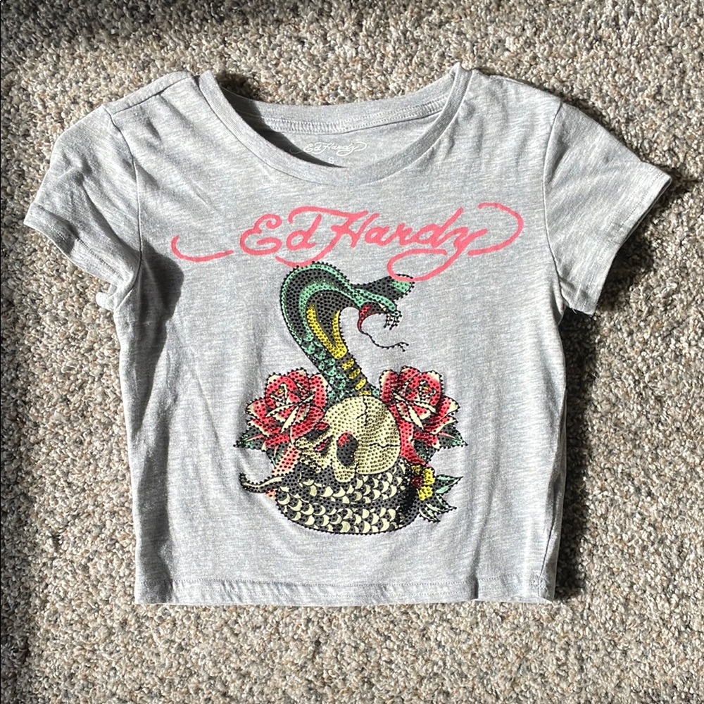 Ed Hardy Gray T-Shirt with Snake and Rose Design